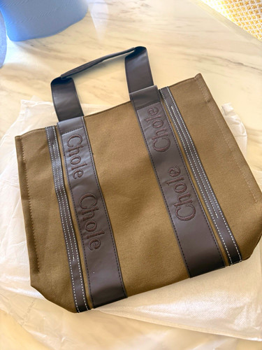 No brand khaki Brown Canvas LeatherTote Bag Top Handles Detachable Strap