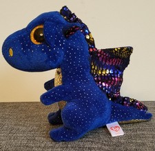 TY Beanie Boos Saffire the Blue Dragon Gold Glitter Eye Metallic Spots 6in Plush