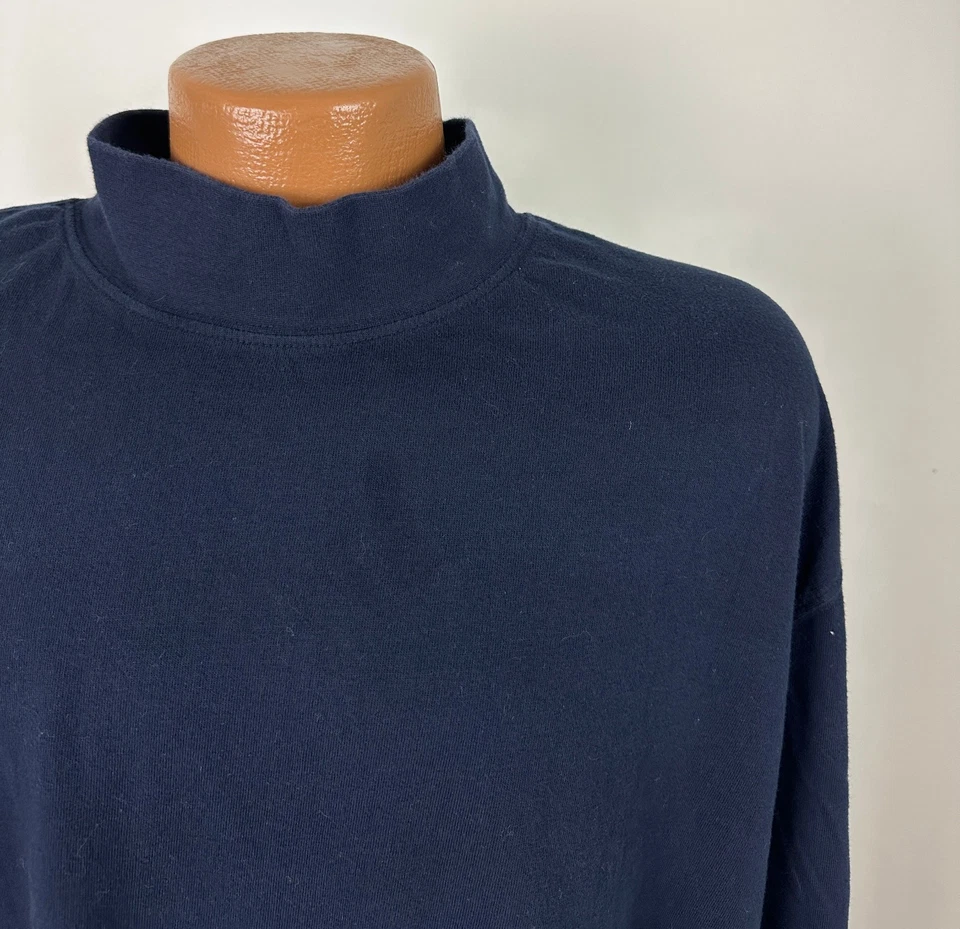 Vintage 90s Mock Neck Shirt Men L Navy Blank Minimal Outdoors Cotton Trader Bay - Image 2 of 4