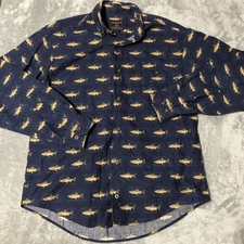 Woolrich Mens Medium Button Up Shirt Trout AOP Blue 