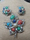 Vintage SARAH CONVENTRY 1967 Fantasy Brooch & Clip Earrings Multi color stones