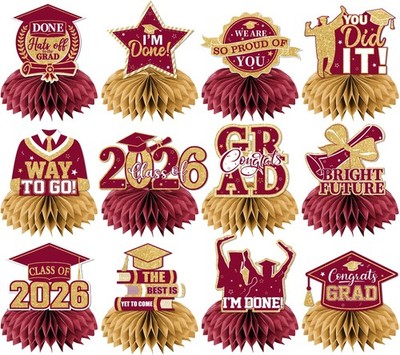 12 PCS Maroon 2026 Graduation Decoration Honeycomb Centerpiece Table Topper