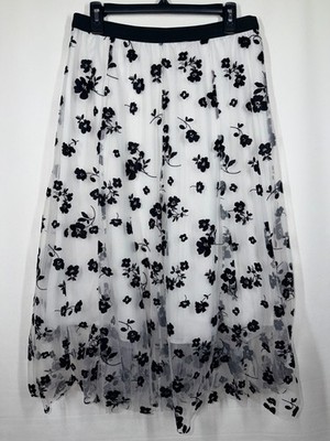 Unbranded White Black Floral Womens XL Maxi Skirt Elastic Waist Boho Flowy