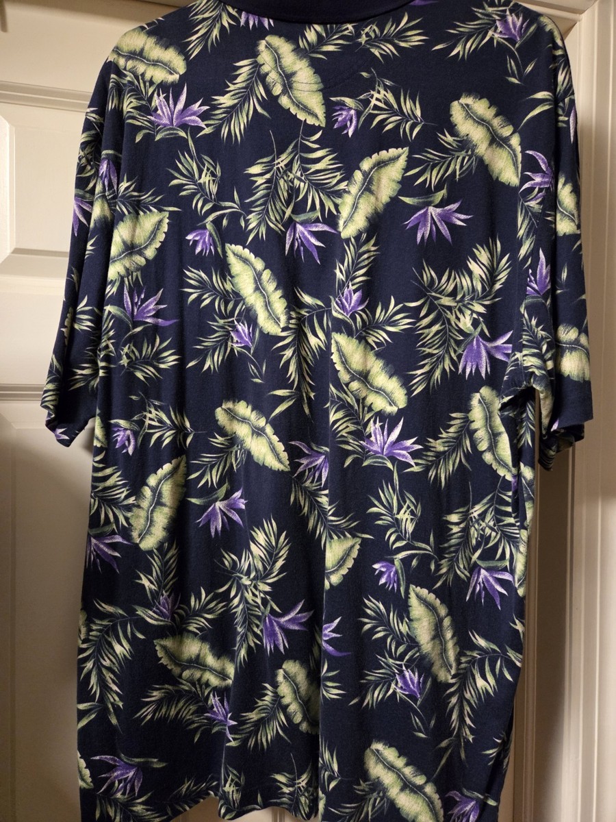 Greg Norman Three Button-down Polo Extra Large, Navy W/Greens & Purples, Excelnt