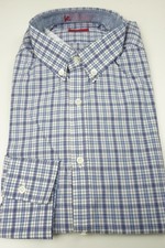 Isaia White Cobalt Arctic Blue Plaid Long Sleeve Cotton Dress Shirt 15.5/39 NEW
