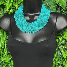 Turquoise Beaded Bib Necklace Statement Woven Lattice Collar Bronze Accents 3801