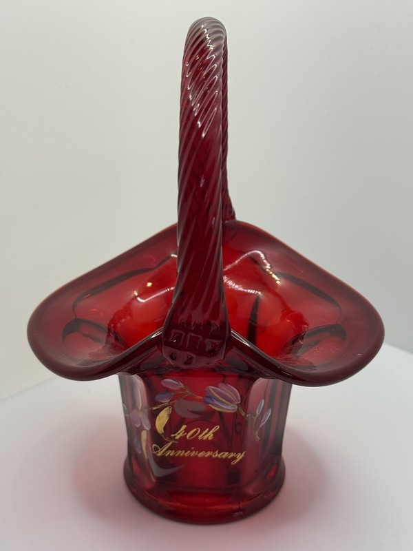 Vtg Fenton Glass Hand Painted Artist Signed 40th Anniversary Ruby Red Basket 7”