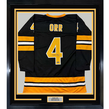 Framed Facsimile Autographed Bobby Orr 33x42 Black Reprint Laser Auto Jersey