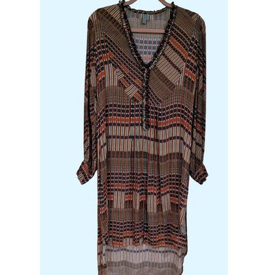 Blank London Sz S Sheer Mesh Orange Navy Geometric Ruffle V-Neck High-Low Dress
