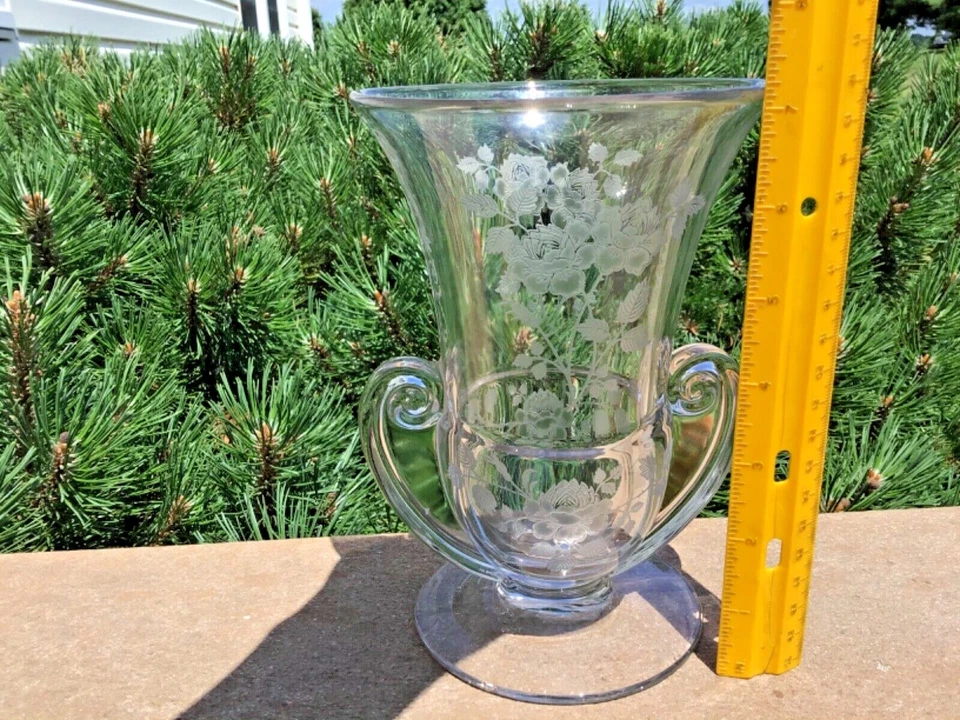 Rare Fostoria Midnight Rose Etch  7 1/8” VASE ON #2467 Blank Elegant Depression - Image 2 of 4