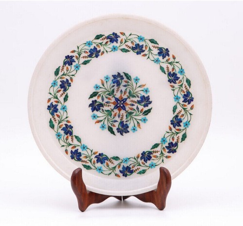 Plato de mármol blanco de 10" incrustación floral Pietra Dura habitación decoración del hogar antiguo redondo k7 - Imagen 4 de 4