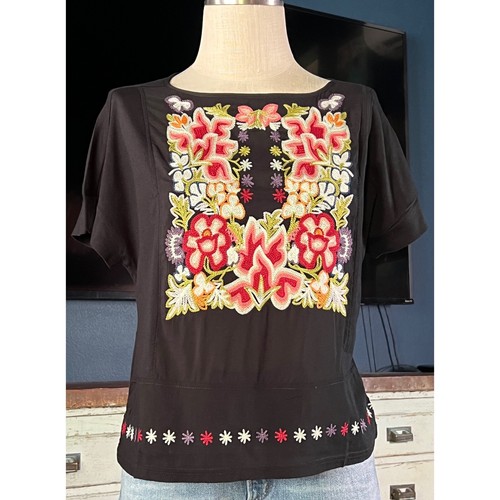 NWT New $120 Anthropologie Tiny Embroidered Black Cotton Floral Blouse Top M - Picture 1 of 11