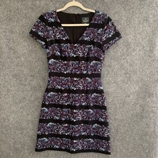 Adrianna Papell Dress Women's 4 Black Blue Floral A-Line V-Neck Short Sleeves