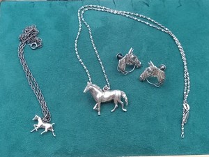 Lot of Sterling Silver Horse Jewelry: 2 Pendant & Necklace, Screw Back Earrings