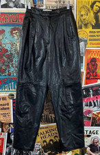 Vintage Women 90s Black Tapered High Rise Pleat Leather Pants 23x26 Petites PXXS
