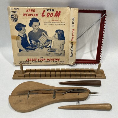VTG Weaving Items OLD Rug Machine Shuttle, Steel Loop Loom, Lily Pom & Tuft Form