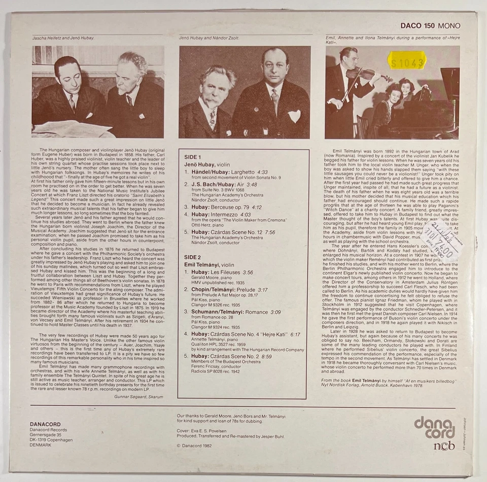 Jenö Hubay and his Emil Telmanyi (Violin) LP 33 RPM DANACORD 1982 DACO 150 MONO - Photo 2/4