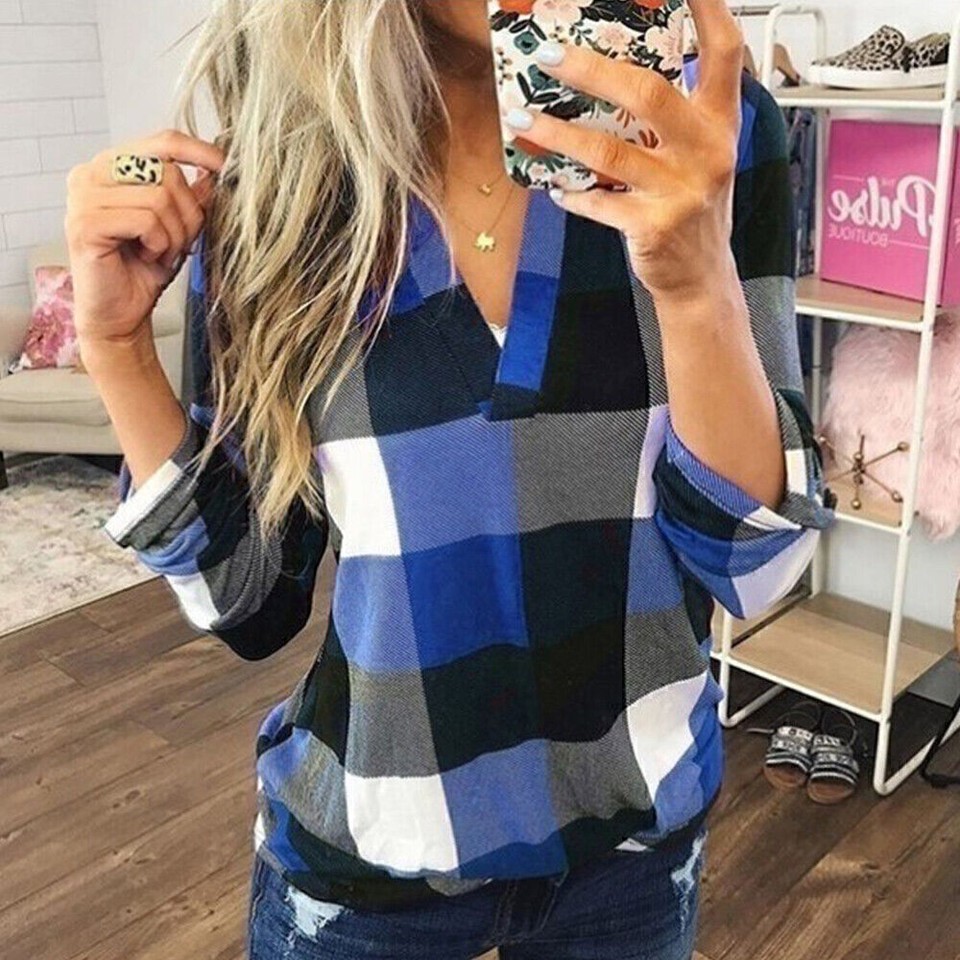 Womens Plaid Check Long Sleeve Tops Shirts Ladies V Neck Loose Blouse T