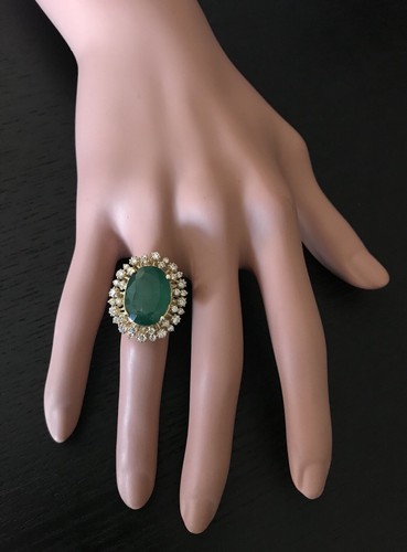 10.70 Ct Natural Zambian Emerald & Diamonds in 14K Solid Yellow Gold Women Ring - Picture 3 of 7