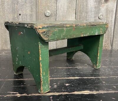 Vintage Folk Art Shabby Chic Handmade Small Green Step Foot Stool COOL ...