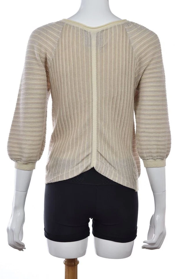 Guinevere 女式毛衣 S 码米色条纹开衫 3/4 袖亚麻上衣 — 第 2/4 张图片