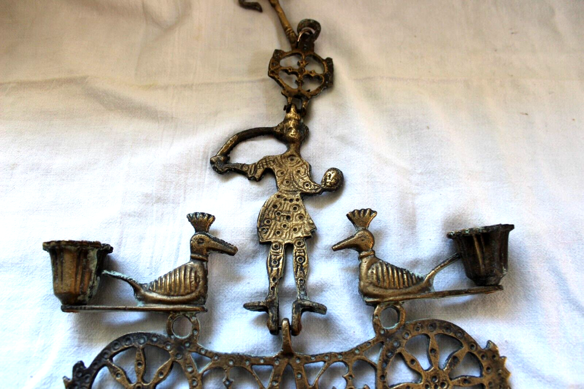 Vintage Hanging Patinaed Brass Byzantine Candle Holder Greek Cross