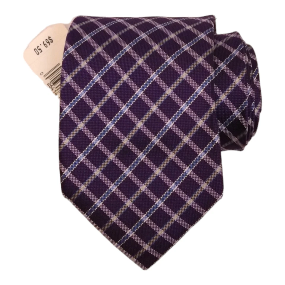 VINCE CAMUTO Mens Classic Tie 3.15 Purple Blue Check 100% Silk Designer Necktie - Image 4 of 4