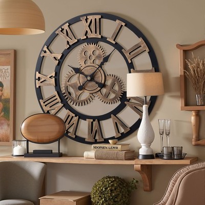 Große Wanduhr mit römischen Ziffern Moderne Metall + Holz Wanduhr Dekouhr 58cm