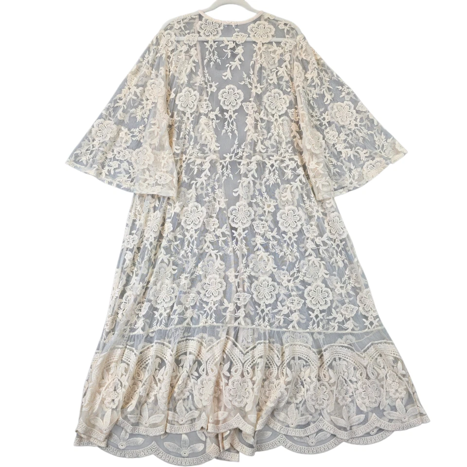 Torrid 网眼刺绣和服夹克女式 1X Dew 奶油透明蕾丝掸子 — 第 2/4 张图片