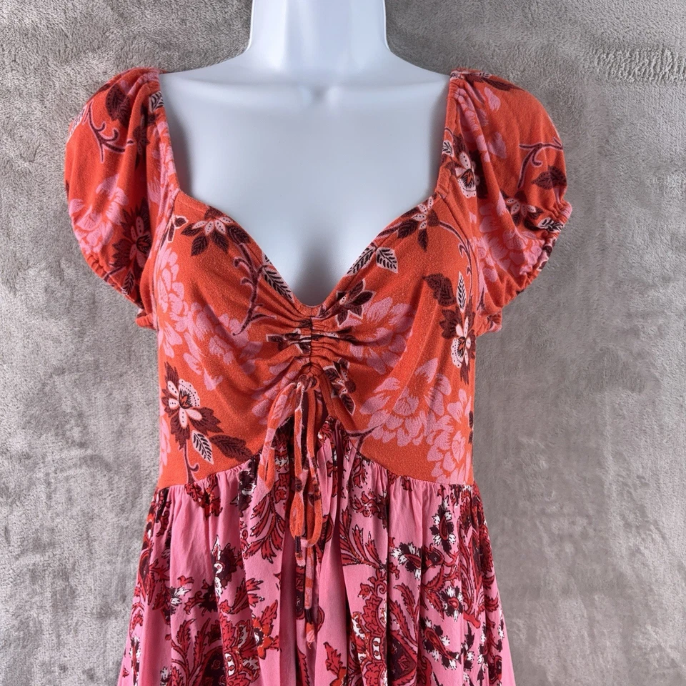 Free People Floral Handkerchief Hem Dress Womens Size Medium Pink Red Boho Style - Image 3 of 4