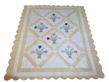 Vintage Handmade Tulip Basket Yellow Quilt Feedsack Mid Cen Flaws 75 X 82