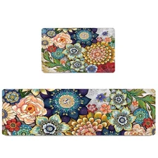 Boho Floral Kitchen Runner Rugs Mats for Floor 2 Piece Memory Foam Padded Lon...
