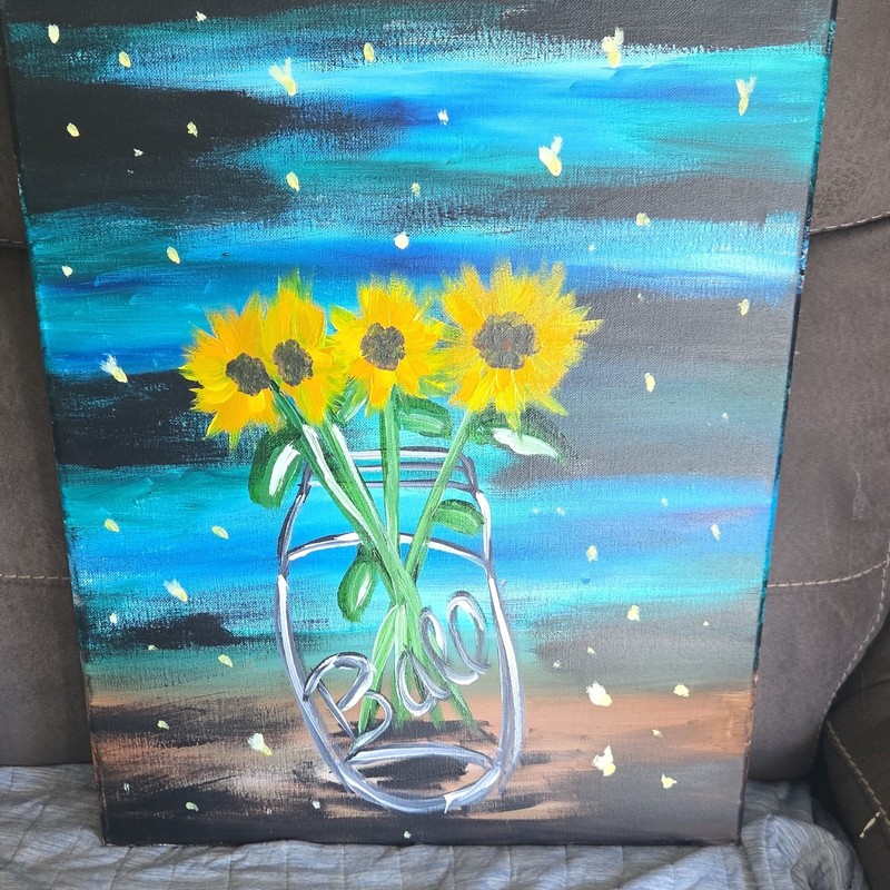 unframed medium still life floral painting sunflowers in jar.