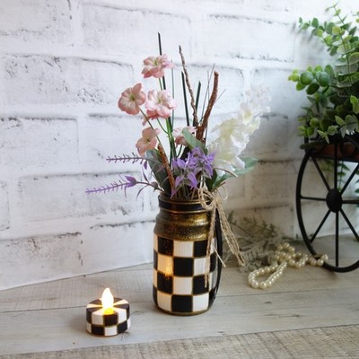Black White Checked Vase Candle Set Wildflower Arrangement Buffalo Check Vase