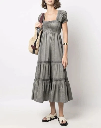 Tory Burch NUOVO abito midi a righe a strati taglia XL in nero primavera