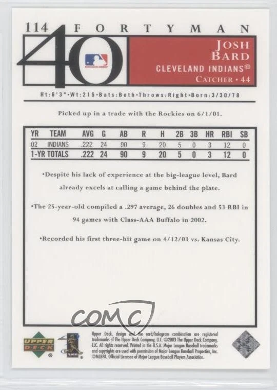 2003 Upper Deck 40 Man Josh Bard #114 - Image 2 of 2