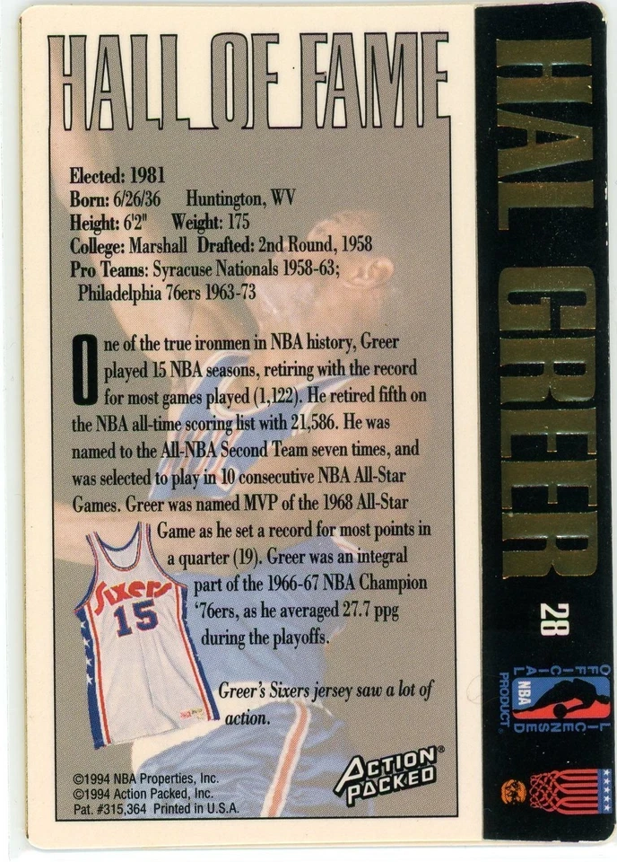 1994-95 Action Packed Basketball Hall of Fame - Hal Greer #28 Autographs (AU) - Image 2 of 2