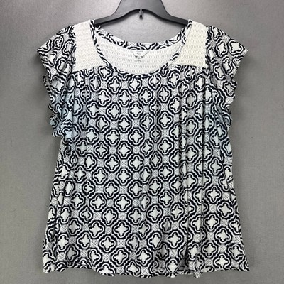 Crown & Ivy Top Women's 2X Plus Blue/ White Arabesque V-Neck Sleeveless Cotton