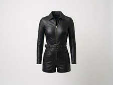Women Black Real Leather Romper Jumpsuit Belted Zip Front Biker Playsuit Outfit.
