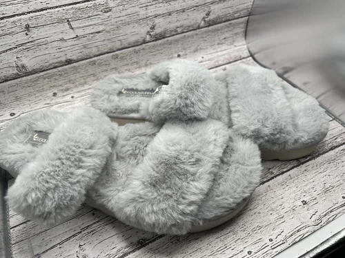 Sandali Koolaburra UGG taglia 8 doppio cinturino slide fuzz su pelliccia sintetica grigio tortora selvatica