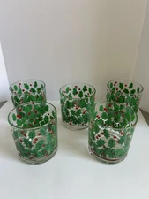 Set Of Five George Briard Old Fashioned Glasses Holy And Berries EXC Christmas