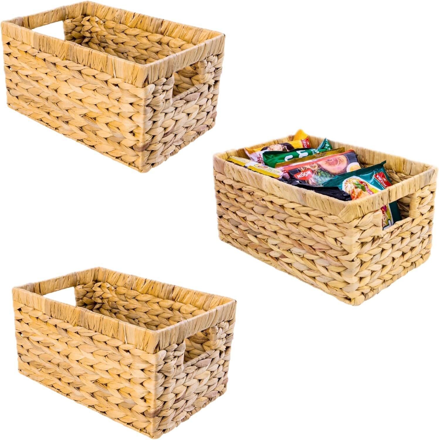 Set of 3 Water Hyacinth Wicker Storage Baskets for Organizing