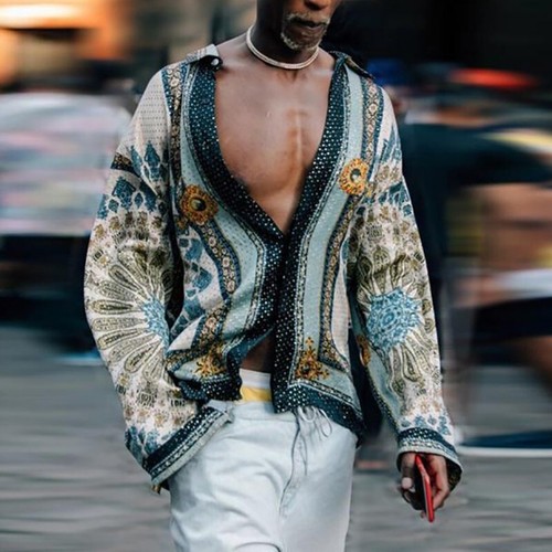 Mens Plus Size T-shirt Boho Retro Long Sleeve Shirts Lapel Collar Summer  Tops | eBay