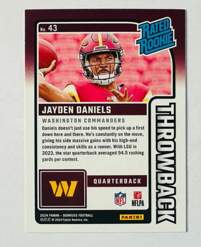 2024 Donruss Jayden Daniels RC #43 Throwback Commanders Rated Rookie! - Picture 2 of 3