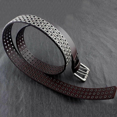 Men Real Genuine Leather Belt Punk Biker Studded Rock Rivet Buckle Waistband - Picture 4 of 26