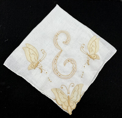 Embroidered Yellow Gold MONOGRAM E Linen Handkerchief Applique BUTTERFLIES
