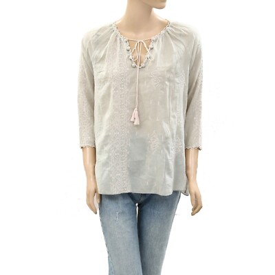 Anthropologie Embroidered Tunic Top Pom Pom Vintage Tassel Cotton Gray S 268031