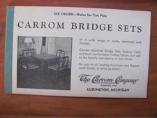 CARROM Company Bridge Sets Ad w/Ten Pins Game Rules Score Card LUDINGTON MI