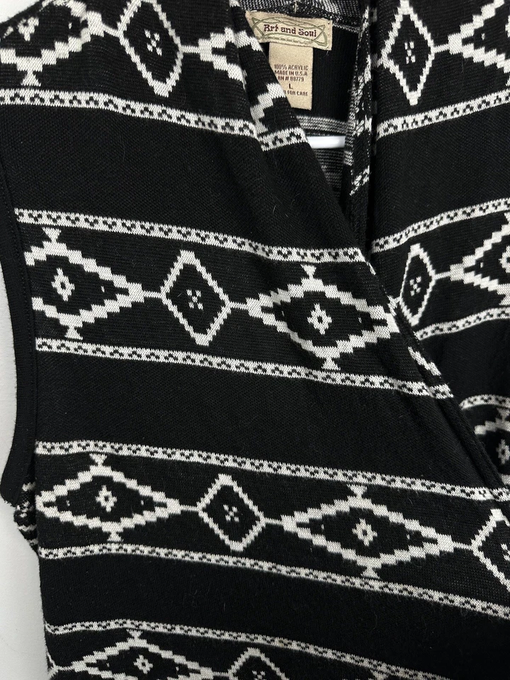Chaleco Art and Soul Mujer Grande Cárdigan Suéter Sin Mangas Azteca Negro Blanco DS Foto 4 de 4