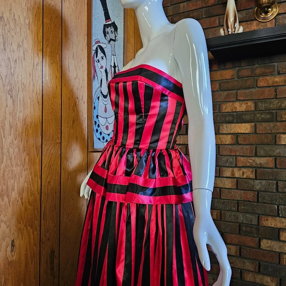 Vtg 80s Victor Costa Red Black Stripes Formal Evening Peplum Dress Ball Gown S - Image 4 of 4